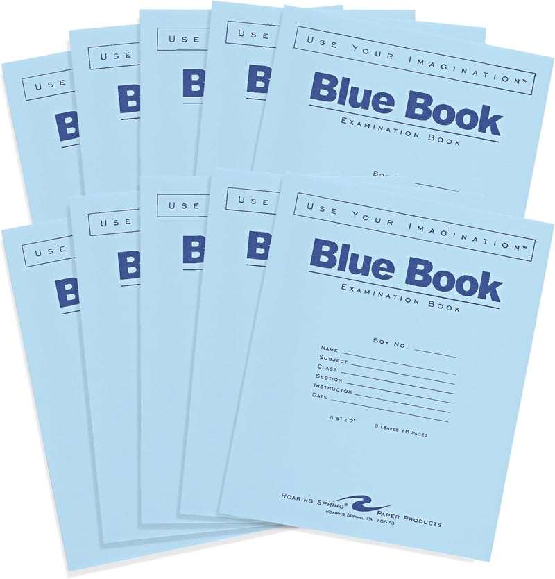 Roaring Spring Exam Blue Books, 10 School Examination Booklets, 8.5" x 7", 8 Sheets/16 Pages, Wide-Ruled with Margin Student Testbook, Made in USA - Image 1